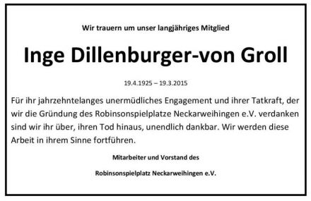 Traueranzeige Inge Dillenburger-von Groll